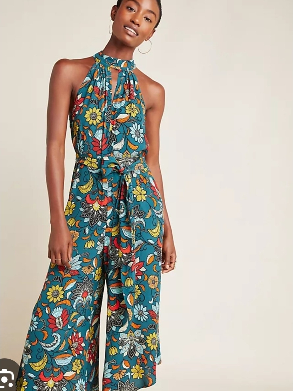 Anthropologie Teal Floral Halter Jumpsuit with Tie Waist